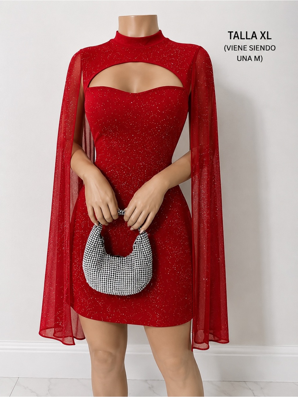 Red Glitter Cutout Capelet Mini Dress